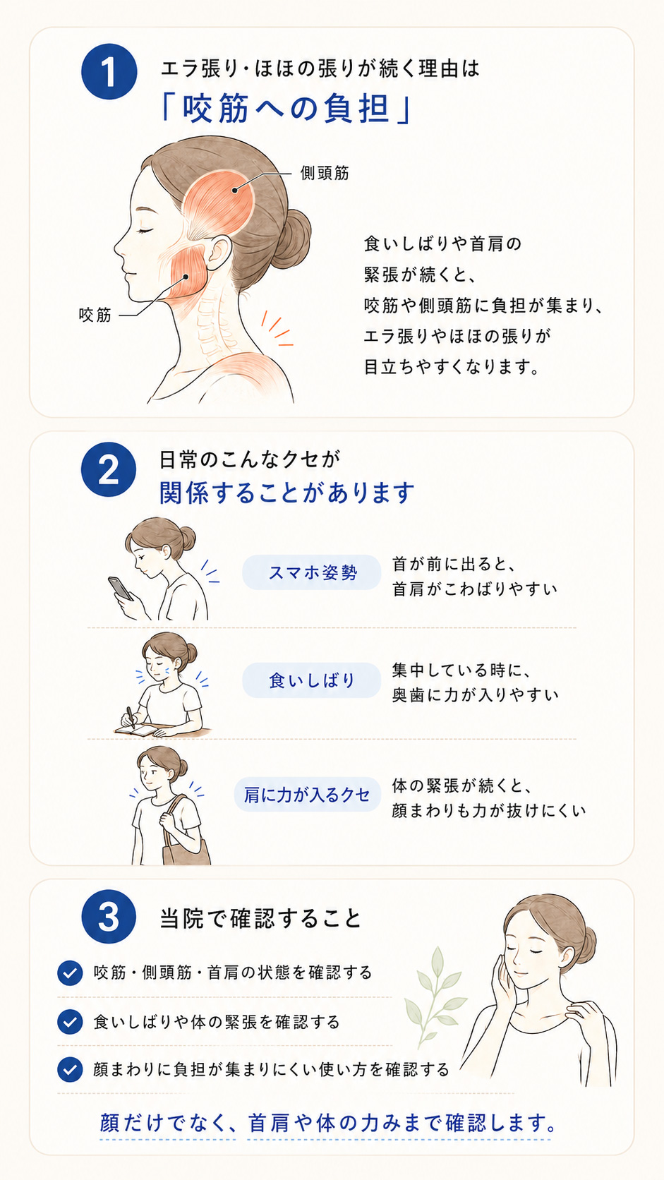 食いしばりや首肩の緊張によって咬筋や顔まわりへ負担が集まりやすくなる状態と、当院で確認するポイントを示した図